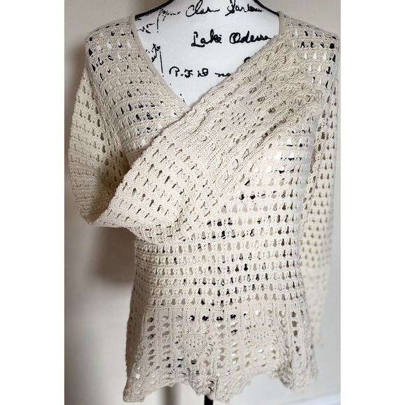 Women’s Jeanne Pierre Size Medium Oatmeal V-Neck Long Sleeve Open Knit Crochet - Picture 8 of 10